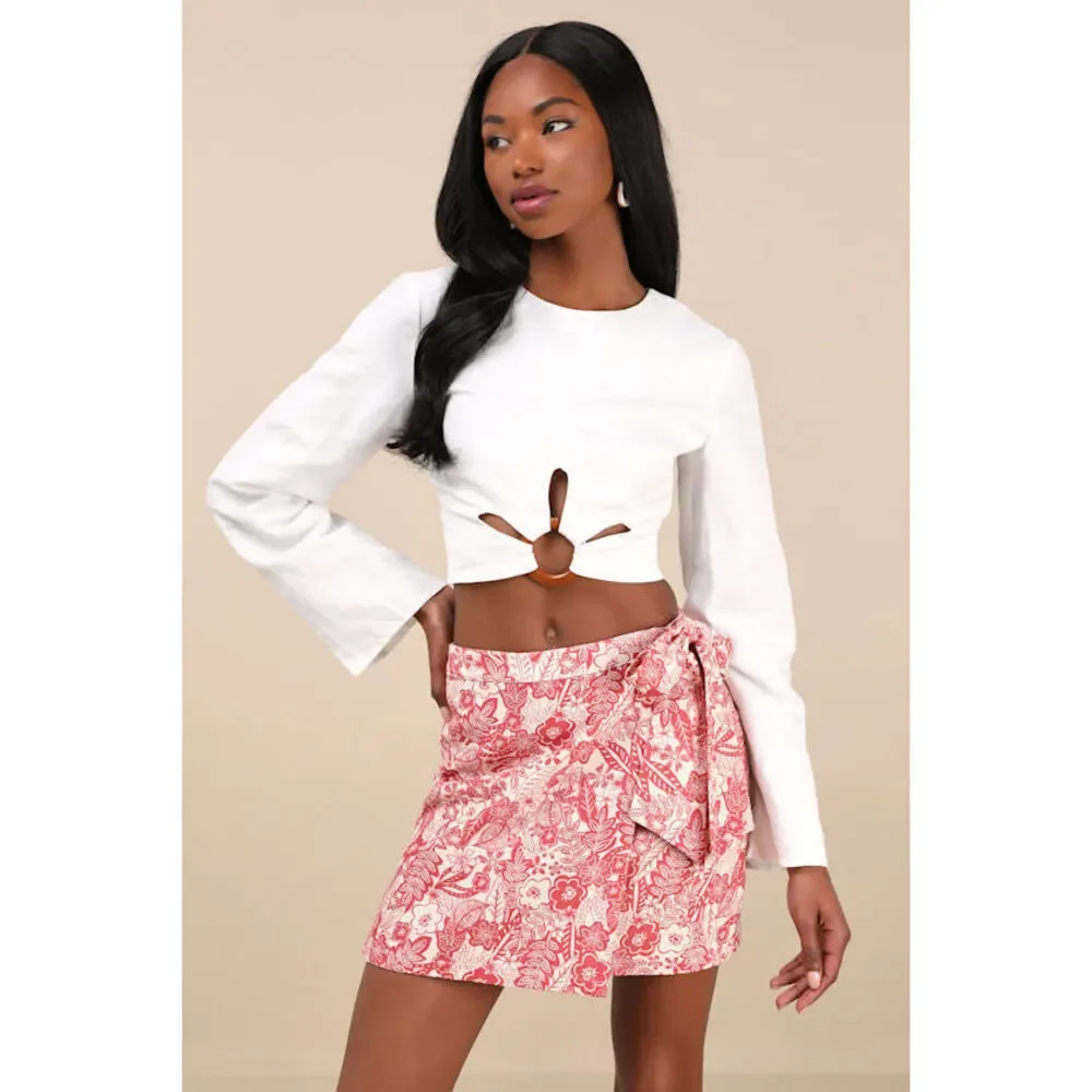 Lulus Kieu Red Floral Print Faux-wrap Mini Skirt - Size M